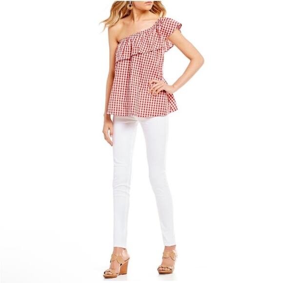 New England Classic Coastal Preppy Red Gingham Top One Shoulder Top Nantucket M - Picture 11 of 12